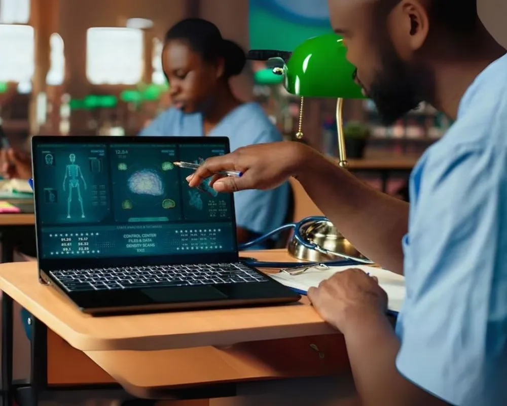 A laptop displaying medical data and scans while a person gestures with a pen