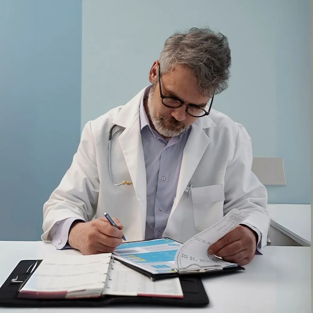 A doctor reviews medical documents and notes on a clipboard while sitting at a desk
